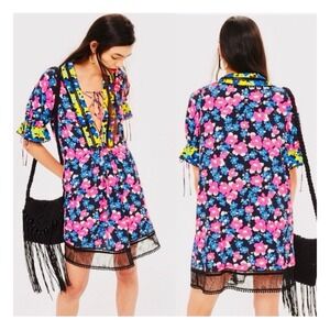 TopShop‎ Retro Mod Floral Babydoll Mini Dress Black & Neon Bohemian Festival US4